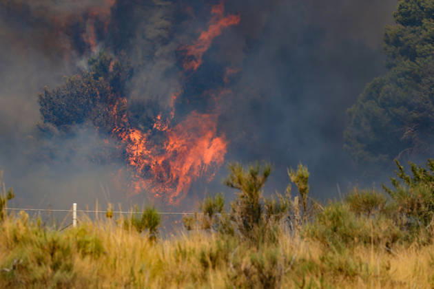 Wildfire near Palermo threatens homes in Giardinello, Sicily PALERMO, ITALY - SEPTEMBER 10: Flames and thick smoke rise from a forested area during a wildfire near Giardinello, close to Palermo on the island of Sicily, on September 10, 2026 in Palermo, Italy. The blaze began in the Carcatizzi area around midday a day earlier and spread rapidly, threatening nearby residential areas and damaging several homes. Firefighters battled the fire from the ground with fire engines and from the air with a firefighting aircraft and two helicopters. Alberto Lo Bianco Anadolu Sicily Italy. Editorial use only. Please get in touch for any other usage.  Copyright: x2026xAnadoluxAlbertoxLoxBiancox