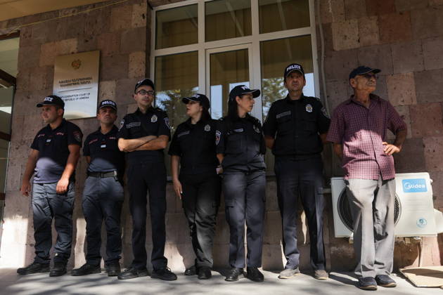 ARMENIA, YEREVAN - SEPTEMBER 11, 2026: Police officers stand outside the Anti-Ñorruption Court building before a hearing of the case of Samvel Karapetyan, leader of the Strong Armenia Party. Alexander Patrin TASS  97520676