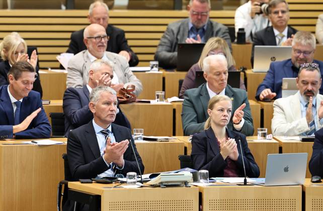Plenary Session of the Thuringian State Parliament, September 11, 2026, Erfurt, Thuringian State Parliament, 54th Plenary Session; pictured: the AfD parliamentary caucus; in the foreground, AfD caucus chair Bjoern Hoecke and Wiebke Muhsal of the AfD
