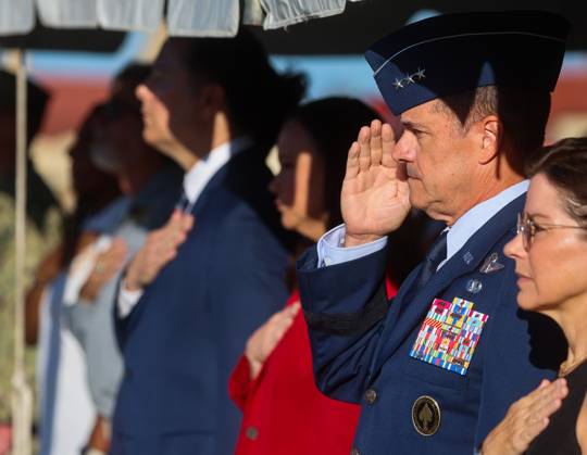 September 11, 2026, Tampa, Florida, USA: USSOCOM Deputy Commander Lt. Gen. Sean Farrell, second from right, salutes during the National Anthem before he provides the keynote address for the 9 11 25th Anniversary Memorial Service hosted by U.S. Special Operations Command (USSOCOM) to honor the 25th anniversary of the Sept. 11 terrorist attacks at the MacDill AFB Special Operations Forces Memorial on Friday, Sept. 11, 2026 in Tampa. Attendees honored the nearly 3,000 victims of the Sept. 11 attacks and reflect on the enduring legacy and resolve of the SOF community. Tampa USA - ZUMAs70_ 20260911_zan_s70_014 Copyright: xDirkxShaddx