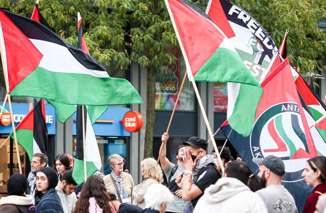 Hanover, Germany, Europe Participants in a pro-Palestinian demonstration gather at Hanover Central Station on September 11, 2026. The photo shows demonstrators carrying Palestinian flags, posters, and banners during the public rally. Copyright: xAymanxAlahmedx