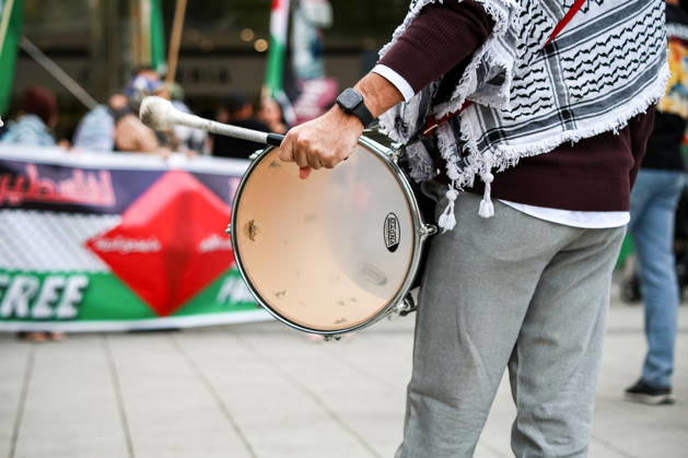 Hanover, Germany, Europe: Participants in a pro-Palestinian demonstration gather at Hanover Central Station on September 11, 2026. The photo shows demonstrators carrying Palestinian flags, posters, and banners during the public rally. Copyright: xAymanxAlahmedx
