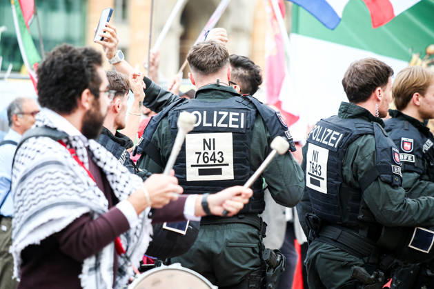 Hanover, Germany, Europe: Participants in a pro-Palestinian demonstration gather at Hanover Central Station on September 11, 2026. The photo shows demonstrators holding Palestinian flags, posters, and banners during the public rally. Copyright: xAymanxAlahmedx