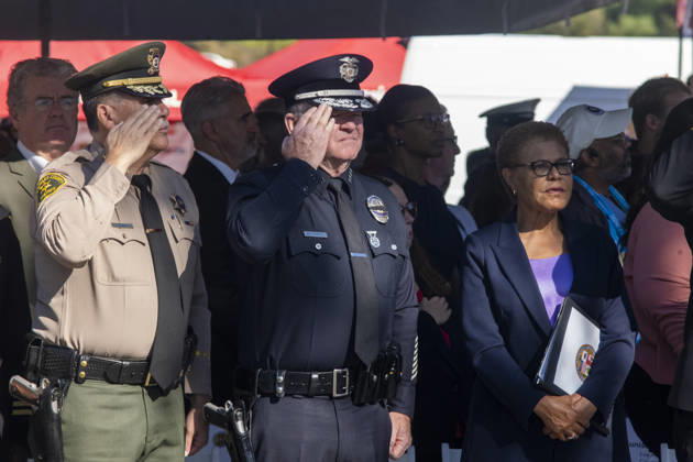 September 11, 2026, Los Angeles, California, USA: (L to R) Los Angeles County Sheriff Robert Luna, Los Angeles Police Department Chief Jim McDonnell and Los Angeles Mayor Karen Bass attend as the Los Angeles Fire Department marks the 25th anniversary of the Sept. 11 terrorist attacks at the Frank Hotchkin Memorial Training Center in Los Angeles, California, on Sept. 11, 2026. Los Angeles USA - ZUMAc68_ 20260911_zaf_c68_006 Copyright: xRingoxChiux