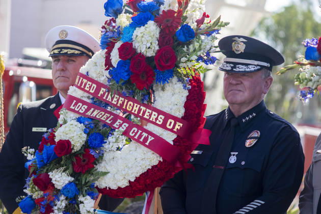 September 11, 2026, Los Angeles, California, USA: Los Angeles Fire Department Fire Chief Jaime Moore (L) and Los Angeles Police Department Chief Jim McDonnell attend as the Los Angeles Fire Department marks the 25th anniversary of the Sept. 11 terrorist attacks at the Frank Hotchkin Memorial Training Center in Los Angeles, California, on Sept. 11, 2026. Los Angeles USA - ZUMAc68_ 20260911_zaf_c68_007 Copyright: xRingoxChiux