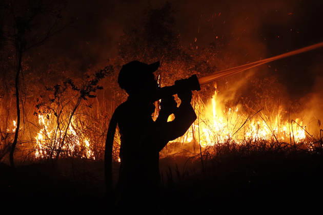 Forest And Peatland Fire In Ogan Ilir, South Sumatra A firefighter from the Ogan Ilir Regional Disaster Management Agency (BPBD) works to extinguish a forest and land fire along the Palembang-Inderalaya highway in Sungai Rambutan, Ogan Ilir Regency, South Sumatra, on September 11, 2026. Ogan Ilir, South Sumatra Indonesia  Copyright: xSigitxPrasetyax originalFilename: prasetya-notitle260911_npVBh