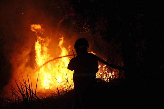 Forest And Peatland Fire In Ogan Ilir, South Sumatra A firefighter from the Ogan Ilir Regional Disaster Management Agency (BPBD) works to extinguish a forest and land fire along the Palembang-Inderalaya highway in Sungai Rambutan, Ogan Ilir Regency, South Sumatra, on September 11, 2026. Ogan Ilir, South Sumatra Indonesia  Copyright: xSigitxPrasetyax originalFilename: prasetya-notitle260911_npYFV