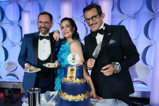 2026 German Acting Award: Hans Werner Meyer, Nadine Heidenreich, Christian Senger cutting the cake on stage at the show celebrating 15 years of the German Acting Award and 20 years of the BFFS, Pullman Berlin Schweizerhof, September 11, 2026 Copyright: xEventpressx