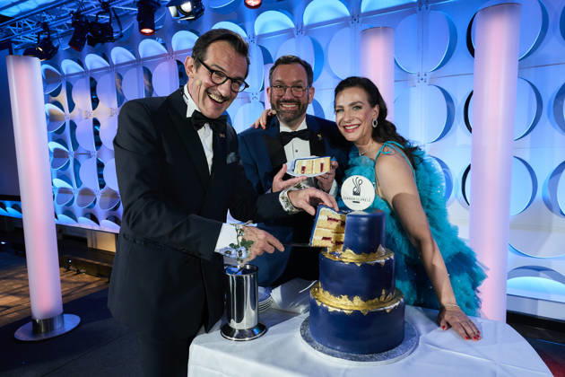 2026 German Acting Award: Hans Werner Meyer, Nadine Heidenreich, and Christian Senger cut the cake on stage at the show celebrating 15 years of the German Acting Award and 20 years of the BFFS, Pullman Berlin Schweizerhof, September 11, 2026 Copyright: xEventpressx