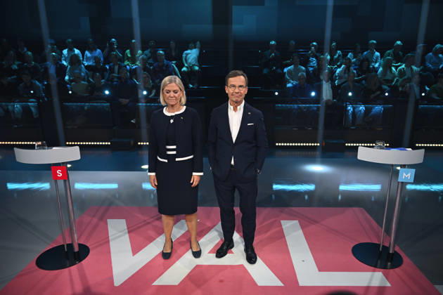 STOCKHOLM, SWEDEN 20260912 Social Democratic Party leader Magdalena Andersson (S) and Moderate Party leader and Prime Minister Ulf Kristersson (M) in the TV4 studio, where they are facing off in a prime ministerial debate, the final debate before the election STOCKHOLM, SWEDEN x10050x  Copyright: xPontusxLundahl TTx STATSMINISTERDUELL TV4 3qm0vGwB7dY