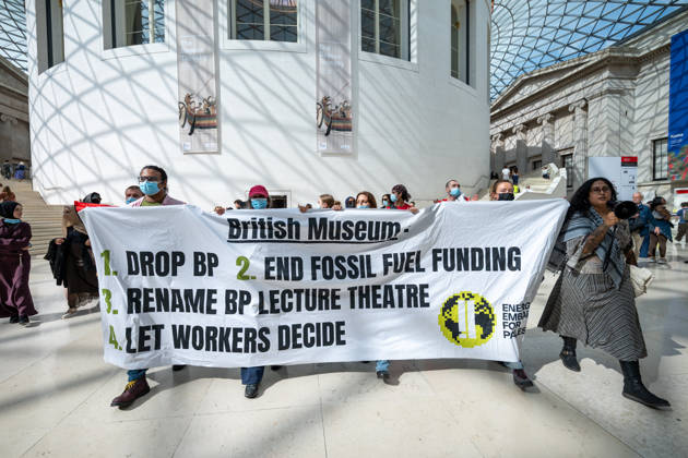 Palestine supporters protest British Museum sponsorship with BP in London - 12 Sep 2026 Protesters hold a banner displaying their demands to the British Museum during a demonstration. Palestine supporters from Energy Embargo for Palestine occupied the Great Court of the British Museum during a protest calling on the museum to end its sponsorship partnership with BP. The activists also criticised the museum s reported £5 million sponsorship from billionaire Igor Tulchinsky for its Bayeux Tapestry exhibition, citing reported links between his business interests and Israeli defence technology. London United Kingdom Copyright: xAndreaxDomeniconix xSOPAxImagesx ADOMENICONI_BRITISH_MUSEUM_Z63_4883