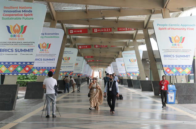 NEW DELHI, INDIA - SEPTEMBER 12: Media staff prepare for reporting work at the media center for the 18th BRICS Summit on September 12, 2026 in New Delhi, India. The 18th BRICS Summit will be held from September 12 to 13.  Copyright: xChinaxNewsxServicex 111666219220