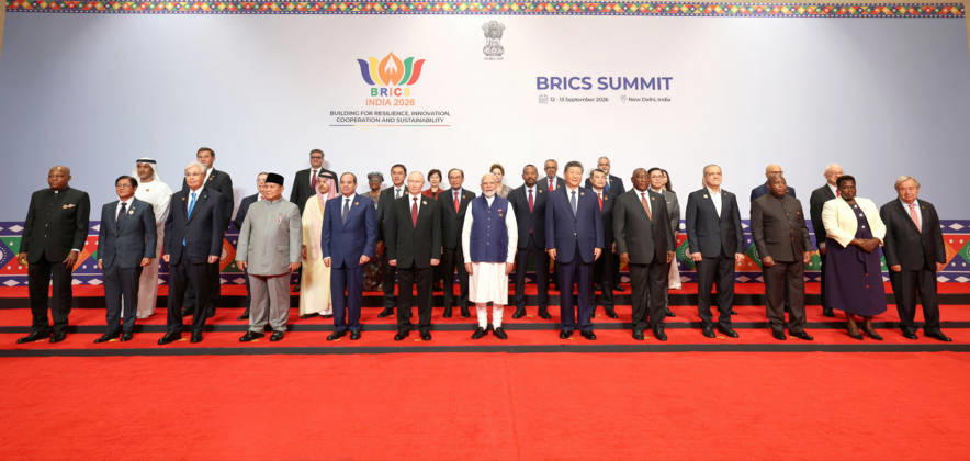 September 13, 2026, New Delhi, India: Indian Prime Minister Narendra Modi, center, joins BRICS leaders, invitees and International Organization heads for a group photo during the expanded BRICS Summit at Bharat Mandapam, September 13, 2026 in New Delhi, India. New Delhi India - ZUMAp138 20260913_zaa_p138_001 Copyright: xPibxHandout PressxInformationx