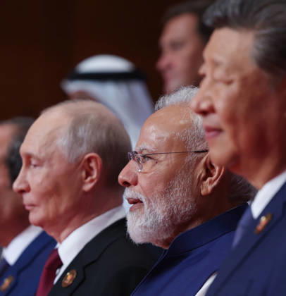 September 13, 2026, New Delhi, India: Indian Prime Minister Narendra Modi, center, joins BRICS leaders, invitees and International Organization heads for a group photo during the expanded BRICS Summit at Bharat Mandapam, September 13, 2026 in New Delhi, India. Standing from left: Russian President Vladimir Putin, Indian Prime Minister Narendra Modi, and Chinese President Xi Jinping. New Delhi India - ZUMAp138 20260913_zaa_p138_007 Copyright: xPibxHandout PressxInformationx