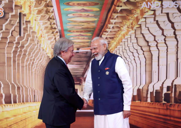 September 13, 2026, New Delhi, India: Indian Prime Minister Narendra Modi, right, welcomes U.N Secretary General Antonio Guterres, left, during the arrival ceremony for the expanded BRICS Summit at the Bharat Mandapam, September 13, 2026 in New Delhi, India. New Delhi India - ZUMAp138 20260913_zaa_p138_022 Copyright: xPibxHandout PressxInformationx