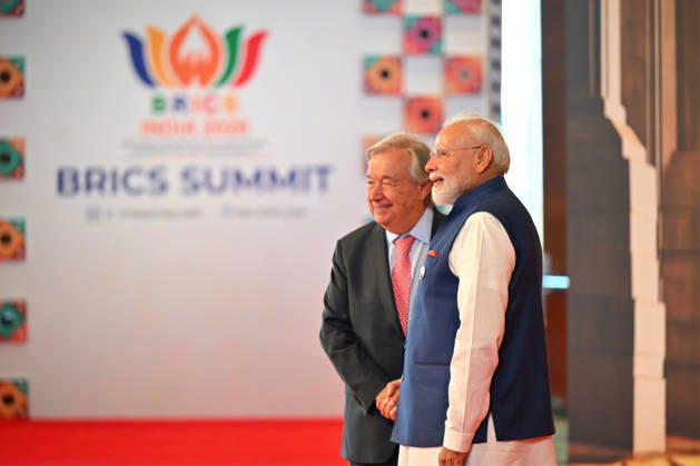 September 13, 2026, New Delhi, India: Indian Prime Minister Narendra Modi, right, welcomes U.N Secretary General Antonio Guterres, left, during the arrival ceremony for the expanded BRICS Summit at the Bharat Mandapam, September 13, 2026 in New Delhi, India. New Delhi India - ZUMAp138 20260913_zaa_p138_023 Copyright: xPibxHandout PressxInformationx