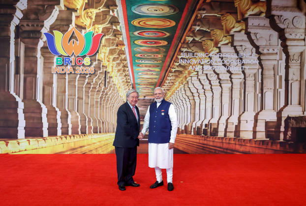 RECORD DATE NOT STATED PM Modi shakes hands one by one with BRICS and partner countries leaders on Day 2 of the 18th BRICS Summit 2026 New Delhi, Sep 13 (ANI): Prime Minister Narendra Modi shakes hands one by one with BRICS and partner countries leaders on Day 2 of the 18th BRICS Summit 2026 at Bharat Mandapam, in New Delhi on Sunday. (DPR PMO ANI Photo) Delhi New Delhi India Copyright: xANIx ANI_20260913031