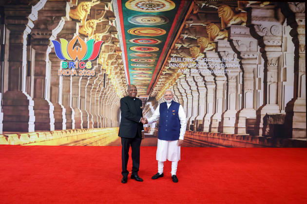 RECORD DATE NOT STATED PM Modi shakes hands one by one with BRICS and partner countries leaders on Day 2 of the 18th BRICS Summit 2026 New Delhi, Sep 13 (ANI): Prime Minister Narendra Modi shakes hands one by one with BRICS and partner countries leaders on Day 2 of the 18th BRICS Summit 2026 at Bharat Mandapam, in New Delhi on Sunday. (DPR PMO ANI Photo) Delhi New Delhi India Copyright: xANIx ANI_20260913036