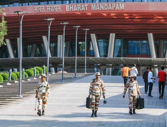 BRICS Summit 2026 in New Delhi New Delhi, Sep 13 (ANI): Security personnel stand guard at the Bharat Mandapam premises on the final day of the 18th BRICS Summit 2026, in New Delhi on Sunday. NEW DELHI Delhi India Copyright: xANIx ANI_20260913060
