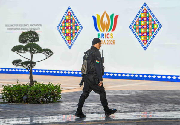 BRICS Summit 2026 in New Delhi New Delhi, Sep 13 (ANI): Security walks at Bharat Mandapam on day two of the 18th BRICS Summit 2026, in New Delhi on Sunday. NEW DELHI Delhi India Copyright: xANIx ANI_20260913072