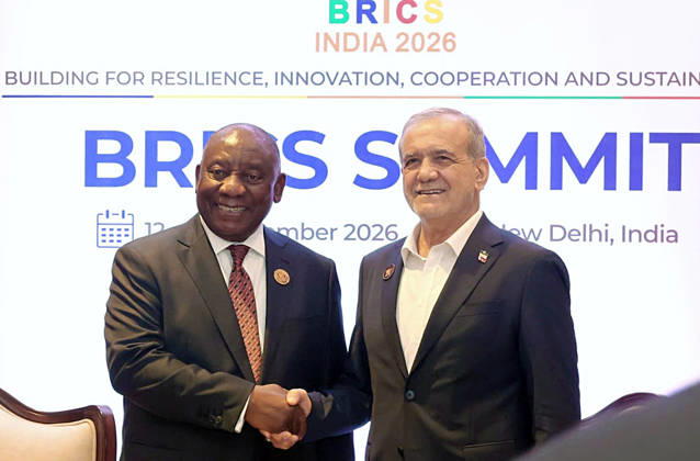 RECORD DATE NOT STATED South African President Cyril Ramaphosa holds a bilateral meeting with Iranian President Masoud Pezeshkian on the margins of the BRICS Leaders Summit New Delhi, Sep 13 (ANI): South African President Cyril Ramaphosa holds a bilateral meeting with Iranian President Masoud Pezeshkian on the margins of the BRICS Leaders Summit, in New Delhi on Sunday. (@PresidencyZA X ANI Photo) New Delhi Delhi India Copyright: xANIx ANI_20260913291