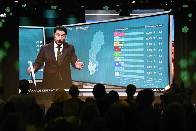 STOCKHOLM, SWEDEN 20260913 SVT host Fouad Youcefi’s live broadcast is shown on a big screen during the Center Party’s election night watch at Sergel Hub, Sveavägen, STOCKHOLM, SWEDEN x10080x  Copyright: xFredrikxSandberg TTx VAL 2026 VALVAKA C _uOg0h9m9Lc