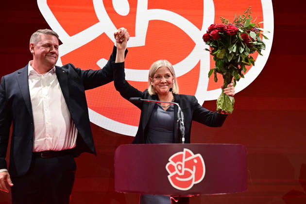 STOCKHOLM, SWEDEN 20260914 Social Democratic Party Secretary Tobias Baudin (S) and Party Leader Magdalena Andersson (S) at the Social Democratic Party’s election night watch at the Stockholm Waterfront Conference Center, STOCKHOLM, SWEDEN x10030x  Copyright: xJonasxEkströmer TTx VAL 2026 VALVAKA S X0d70ZF7FV0