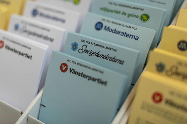 General election in Sweden STOCKHOLM, STOCKHOLM COUNTY, SWEDEN, SEPTEMBER 13: Swedish ballot papers in three colors: yellow for parliament, blue for regions and white for local authorities are seen in a polling station in a suburb of Stockholm municipality during general elections, Stockholm, Sweden, September 13th, 2026. Narciso Contreras Anadolu Stockholm Sweden. Editorial use only. Please get in touch for any other usage.  Copyright: x2026xAnadoluxNarcisoxContrerasx