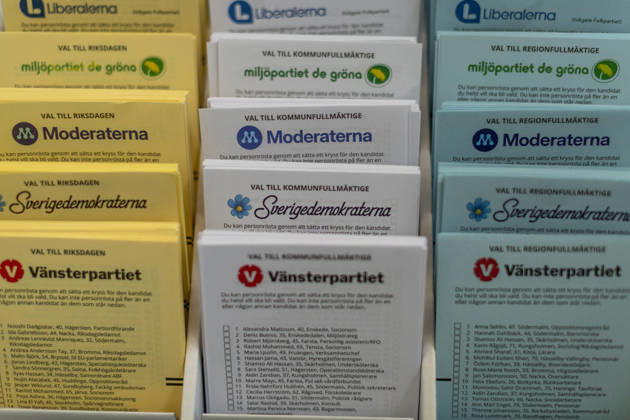 General election in Sweden STOCKHOLM, STOCKHOLM COUNTY, SWEDEN, SEPTEMBER 13: Swedish ballot papers in three colors: yellow for parliament, blue for regions and white for local authorities are seen in a polling station in a suburb of Stockholm municipality during general elections, Stockholm, Sweden, September 13th, 2026. Narciso Contreras Anadolu Stockholm Sweden. Editorial use only. Please get in touch for any other usage.  Copyright: x2026xAnadoluxNarcisoxContrerasx