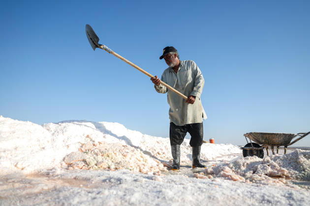 Workers in Syria-Iraq border s Deir ez-Zor Desert make a living from salt DEIR EZ-ZOR, SYRIA - SEPTEMBER 10: Workers laboring in the Deir ez-Zor Desert on the Syria-Iraq border try to support their families with the salt they extract from deep in the ground, enduring scorching heat and thick dust in Deir ez-Zor, Syria on September 10, 2026. After putting the salt they dig out of the earth through various processes, workers gather it with wheelbarrows and load it onto trucks. Despite all these harsh conditions, salt production continues to be one of the most vital sources of livelihood for the local population. Abdulrhman El Ali Anadolu Deir ez-Zor Syria. Editorial use only. Please get in touch for any other usage.  Copyright: x2026xAnadoluxAbdulrhmanxElxAlix