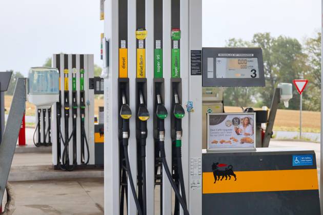 September 15, 2026, Linz, AUT, On the Road in Upper Austria, Thematic Image, Stock Photo, Various Thematic Images, Pictured: Agip Gas Station, Dietach, Current Gas Prices, Digital Display, Fuel, Mineral Oils, Mineral Oil Tax, Refueling, Gas Price Cap, Gasoline, Diesel,