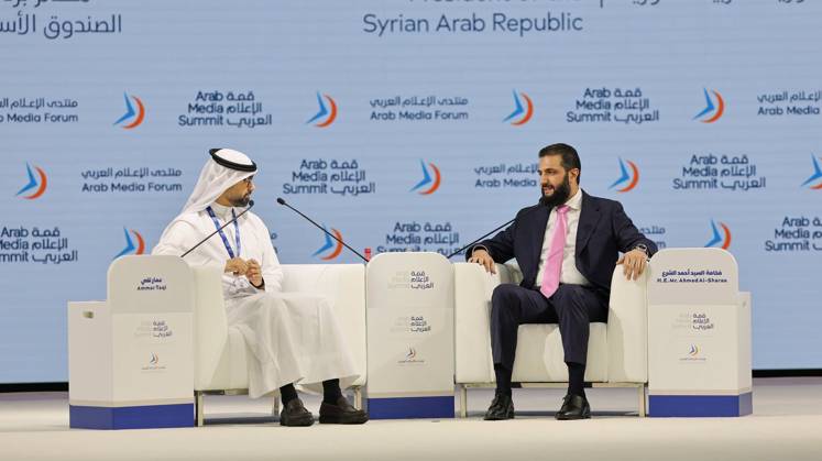 Syrian President Ahmed al-Sharaa Addresses Arab Media Summit in Dubai Syrian President Ahmed al-Sharaa speaks as a keynote participant during the opening of the 24th Arab Media Summit 2026 in Dubai, United Arab Emirates, on September 15, 2026. Al-Sharaa took part in a dialogue session titled Syria of the Future. . Photo by Syrian Presidency apaimages Syria Syria Syrian Arab Republic 150926_UAE_SPO_00(3) Copyright: xapaimagesxSyrianxPresidencyx xapaimagesx