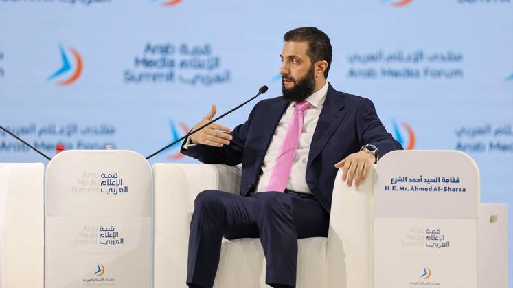 Syrian President Ahmed al-Sharaa Addresses Arab Media Summit in Dubai Syrian President Ahmed al-Sharaa speaks as a keynote participant during the opening of the 24th Arab Media Summit 2026 in Dubai, United Arab Emirates, on September 15, 2026. Al-Sharaa took part in a dialogue session titled Syria of the Future. . Photo by Syrian Presidency apaimages Syria Syria Syrian Arab Republic 150926_UAE_SPO_00(2) Copyright: xapaimagesxSyrianxPresidencyx xapaimagesx