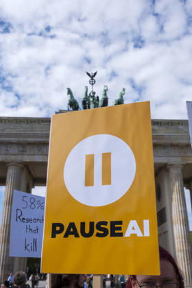 On Tuesday, September 15, 2026, activists held a demonstration in front of the Brandenburg Gate to draw attention to the risks posed by artificial intelligence (AI). The Super AI? No, Thanks ca Copyright: epd-bild RolfxZoellner _DSF3279
