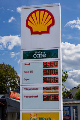 Gas Prices at a Shell Gas Station, September 16, 2026 The Shell logo above a price board displaying high gas prices at a gas station. Diesel costs 2.559 euros per liter, Super E10 costs 2.409 euros, and Super costs 2.469 euros. The gas station is located in the city center