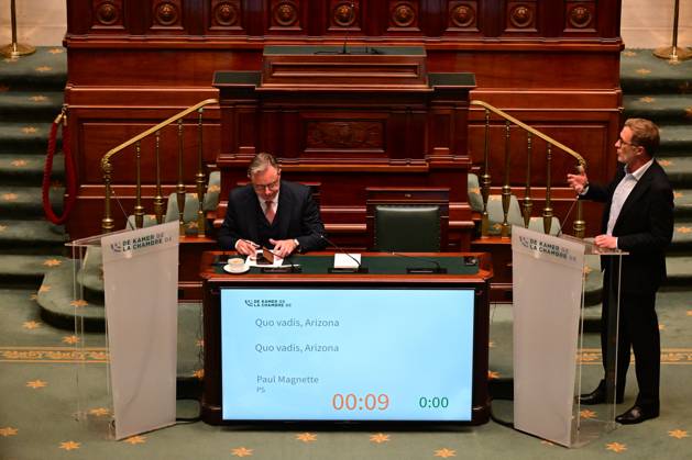 Prime Minister Bart De Wever and PS Paul Magnette pictured during a plenary session of the Chamber at the Federal Parliament in Brussels, Thursday 17 September 2026. DIRKxWAEM 186752690