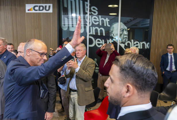Friedrich Merz, EUR, Germany, Berlin, September 17, 2026: Federal Chancellor Friedrich Merz greets the Berlin CDU campaign team; in the background is a photo of Konrad Adenauer with the slogan It’s About Germany. Final push at the Konrad Adenauer House with Federal Chancellor Friedrich Merz and Berlin CDU candidate Stefan Evers unde