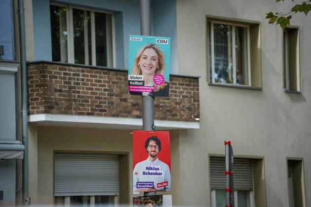 Berlin, Germany, September 20, 2026: Election posters for CDU candidate Vivien Keilbar and Die Linke candidate Niklas Schenker for the Berlin House of Representatives election, as seen on the streets of Charlottenburg. CDU, The Left, election posters, Berlin election, House of Representatives election, 2026 election, election campaign, political parties, candidates, Charlottenburg Copyright: xAlonxDavidx