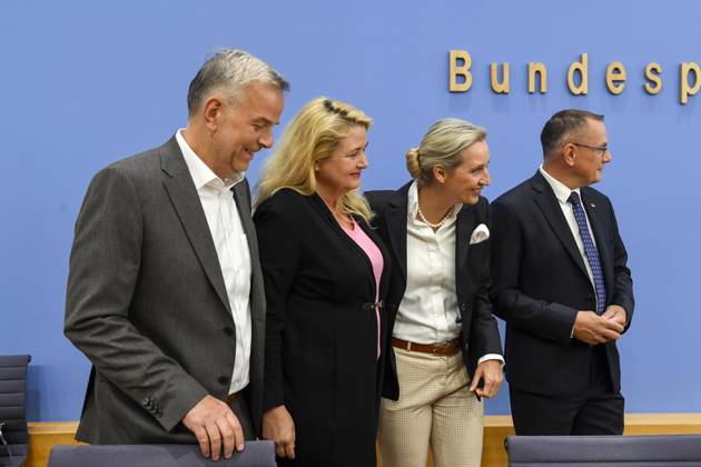 ABB BPK Leif Erik Holm, AfD Mecklenburg-Western Pomerania; Kristin Brinker, AfD lead candidate in Berlin; Alice Weidel, federal spokesperson for the AfD and co-chair of the AfD parliamentary group, Tino Chrupalla, Federal Spokesperson for the AfD and Co-Chair of the AfD parliamentary group. Topic: Af