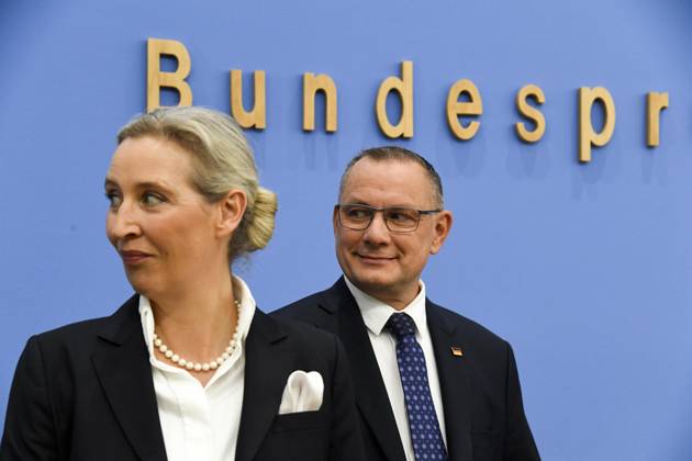 ABB BPK Alice Weidel, Federal Spokesperson for the AfD and Co-Chair of the AfD parliamentary group, Tino Chrupalla, Federal Spokesperson for the AfD and Co-Chair of the AfD parliamentary group. Topic: AfD—Impact of the state elections in Berlin and Mecklenburg-Western Pomerania on federal politics. Statement at the Federal Press Conference on September 21, 2026, in Berlin, Germany.