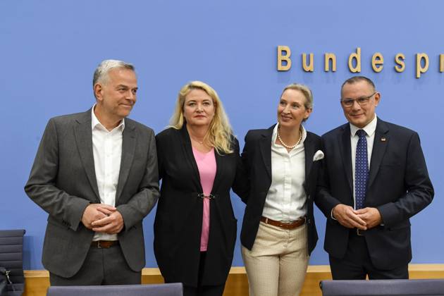 ABB BPK Leif Erik Holm, AfD Mecklenburg-Western Pomerania; Kristin Brinker, AfD lead candidate in Berlin; Alice Weidel, federal spokesperson for the AfD and co-chair of the AfD parliamentary group, Tino Chrupalla, Federal Spokesperson for the AfD and Co-Chair of the AfD parliamentary group. Topic: Af