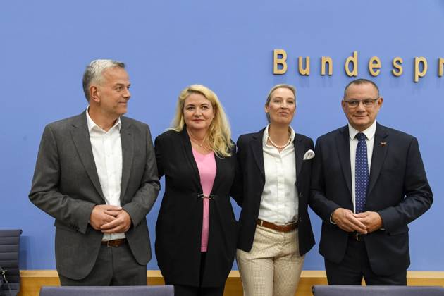 ABB BPK Leif Erik Holm, AfD Mecklenburg-Western Pomerania; Kristin Brinker, AfD lead candidate in Berlin; Alice Weidel, federal spokesperson for the AfD and co-chair of the AfD parliamentary group, Tino Chrupalla, Federal Spokesperson for the AfD and Co-Chair of the AfD parliamentary group. Topic: Af