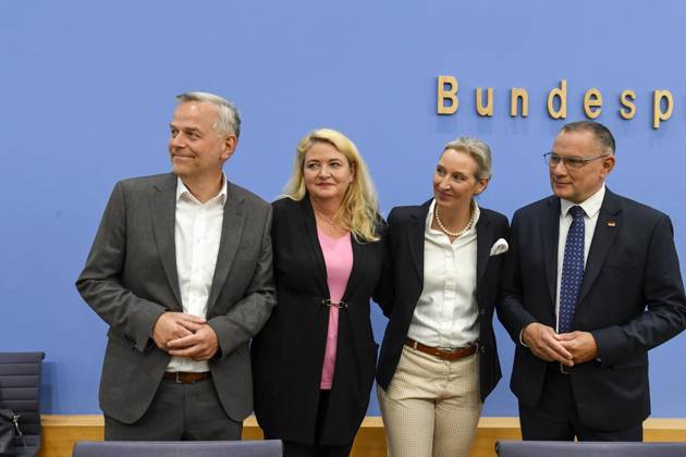 ABB BPK Leif Erik Holm, AfD Mecklenburg-Western Pomerania; Kristin Brinker, AfD lead candidate in Berlin; Alice Weidel, federal spokesperson for the AfD and co-chair of the AfD parliamentary group, Tino Chrupalla, Federal Spokesperson for the AfD and Co-Chair of the AfD parliamentary group. Topic: Af