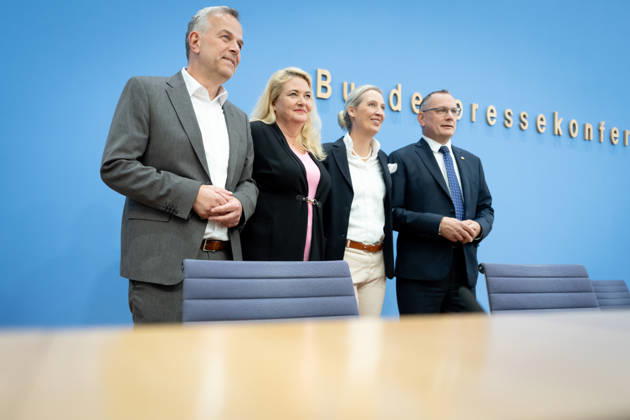Federal Press Conference, AfD Berlin, BPK, AfD, Elections, Mecklenburg-Western Pomerania, Alice Weidel, Federal Spokesperson, Tino Chrupalla, Federal Spokesperson, Kristin Brinker, Top Candidate, Leif Erik Holm Berlin Berlin GER