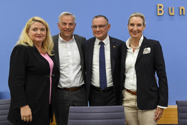 ABB BPK Kristin Brinker, AfD’s top candidate in Berlin; Leif Erik Holm, AfD Mecklenburg-Western Pomerania; Alice Weidel, federal spokesperson for the AfD and co-chair of the AfD parliamentary group; Tino Chrupalla, Federal Spokesperson for the AfD and Co-Chair of the AfD parliamentary group. Topic: Af