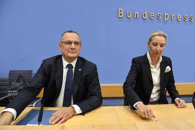 ABB BPK, Tino Chrupalla, Federal Spokesperson for the AfD and Co-Chair of the AfD parliamentary group, Alice Weidel, Federal Spokesperson for the AfD and Co-Chair of the AfD parliamentary group Topic: AfD—Impact of the state elections in Berlin and Mecklenburg-Western Pomerania on federal politics Statement at the BPK Federal Press Conference on September 21, 2026, in Berlin, Berlin, Germa
