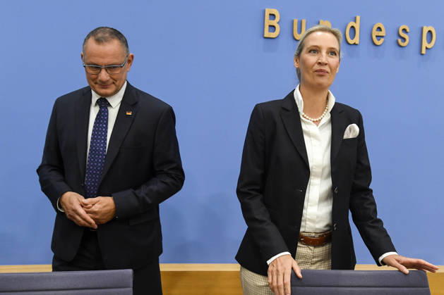 ABB BPK, Tino Chrupalla, Federal Spokesperson for the AfD and Co-Chair of the AfD parliamentary group, Alice Weidel, Federal Spokesperson for the AfD and Co-Chair of the AfD parliamentary group Topic: AfD—Impact of the state elections in Berlin and Mecklenburg-Western Pomerania on federal politics Statement at the BPK Federal Press Conference on September 21, 2026, in Berlin, Germany