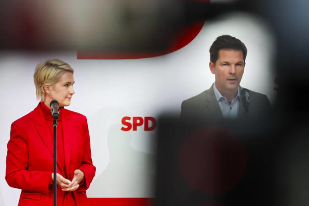Manuela Schwesig and Steffen Krach at the press conference following the state elections in Berlin and Mecklenburg-Western Pomerania at the Willy Brandt House on September 21, 2026; SPD leadership at the press conference following the state elections in Berlin