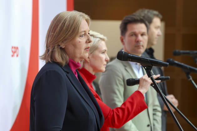 Bärbel Bas, Manuela Schwesig, Steffen Krach, and Lars Klingbeil at the press conference following the state elections in Berlin and Mecklenburg-Western Pomerania at the Willy Brandt House on September 21, 2026; SPD leadership at the press conference following the state elections in Berlin