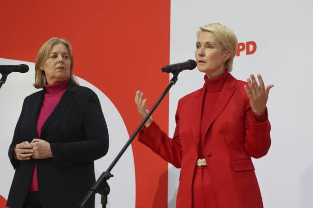 Bärbel Bas and Manuela Schwesig at the press conference following the state elections in Berlin and Mecklenburg-Western Pomerania at the Willy Brandt House on September 21, 2026; SPD leadership at the press conference following the state elections in Berlin